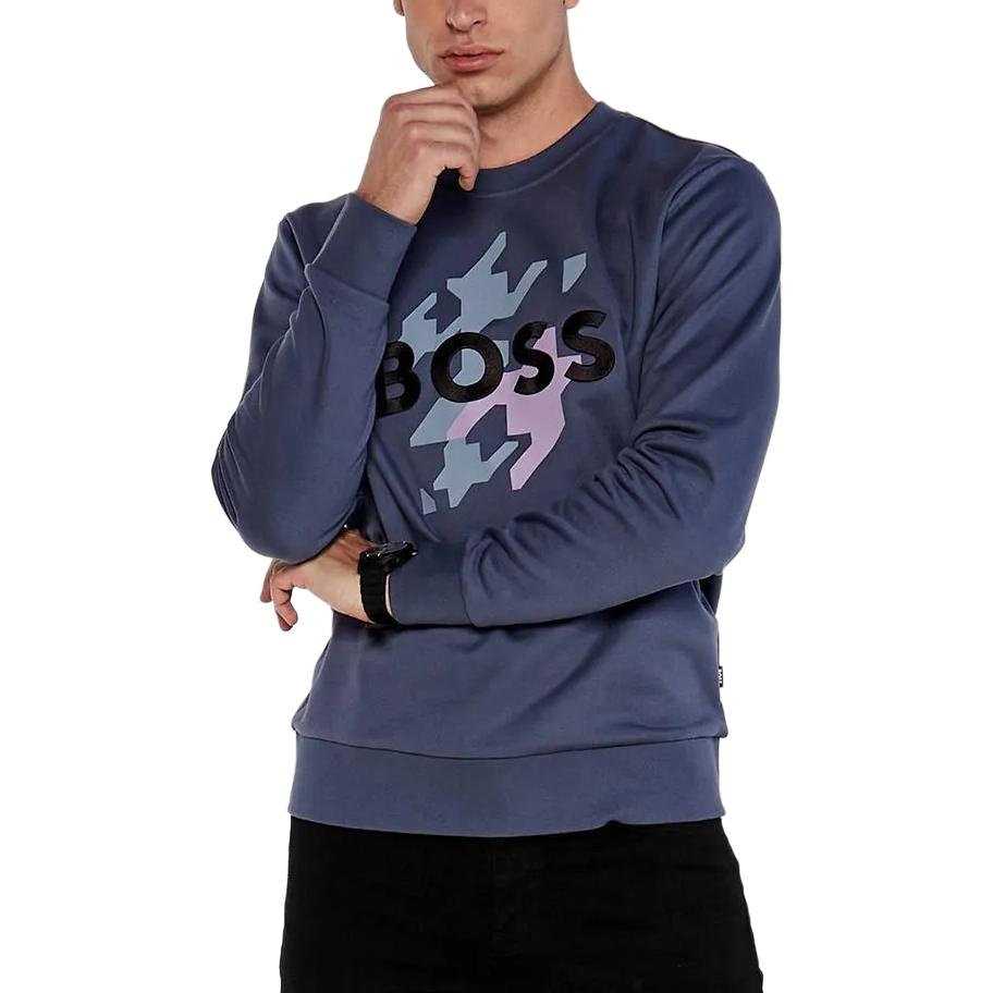 Shop HUGO BOSS 男士藍色寬鬆版圖案印花圓領長袖上衣 50521117-412