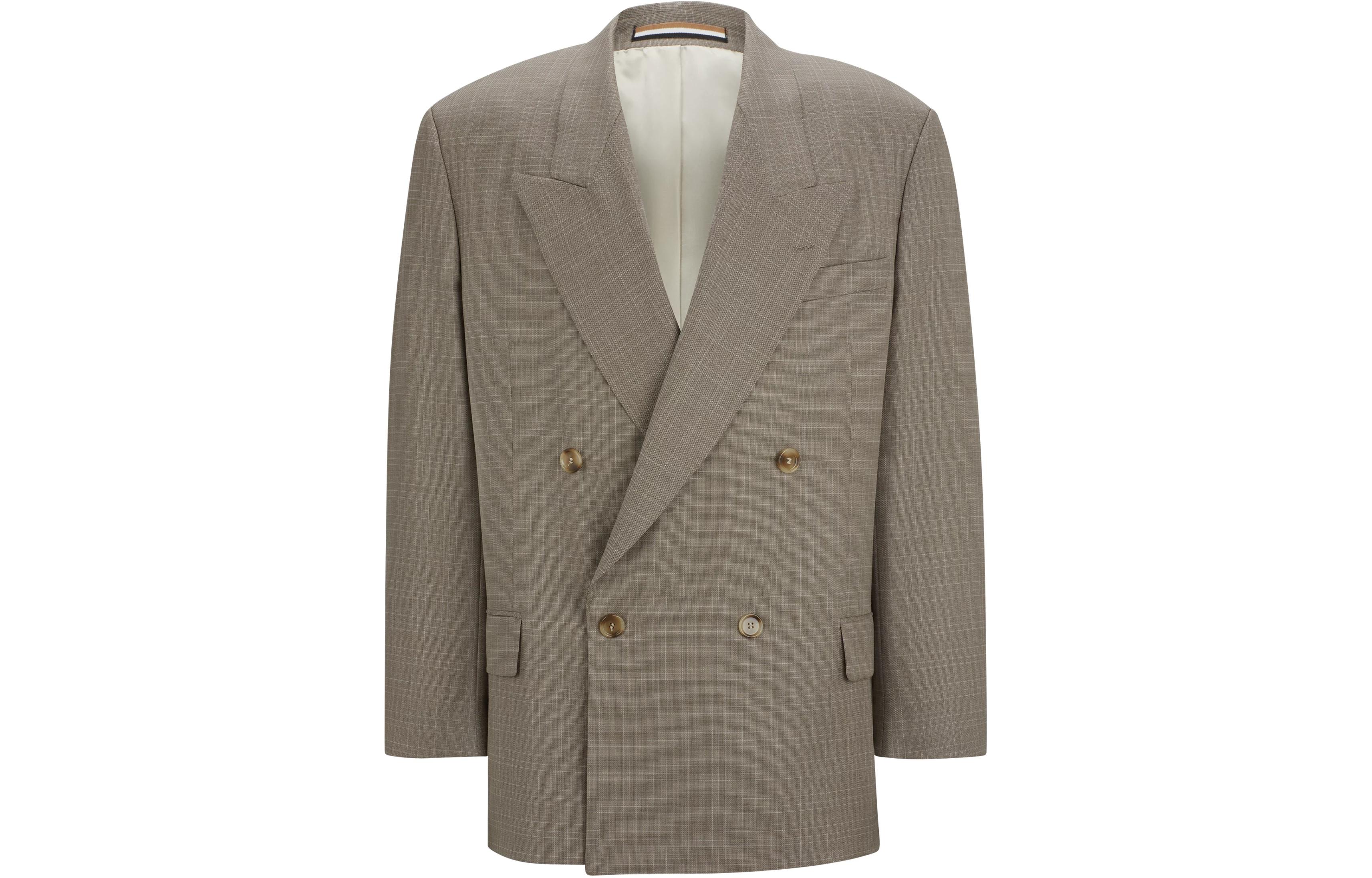 HUGO BOSS Gray Relaxed-Fit Double-Breasted Virgin Wool Checked Jacket Men 50518673-260