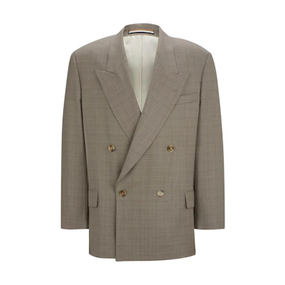 HUGO BOSS Gray Relaxed-Fit Double-Breasted Virgin Wool Checked Jacket Men 50518673-260