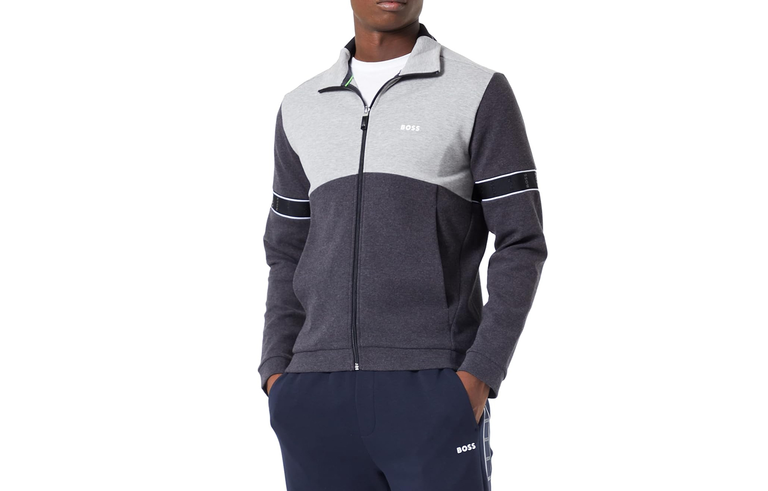 HUGO BOSS Gray Zip-Up Jacket with Logo Print and Contrast Panels 50477026-031