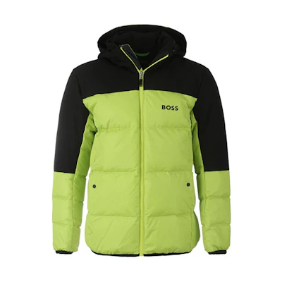HUGO BOSS Green SS24 Fluorescent Green Logo Printed Hooded Down Jacket. 50497558-327