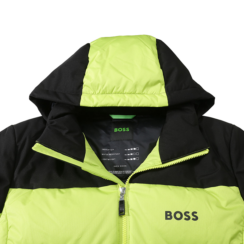 Sizing HUGO BOSS 綠色 SS24 螢光綠標印花連帽羽絨外套。 50497558-327