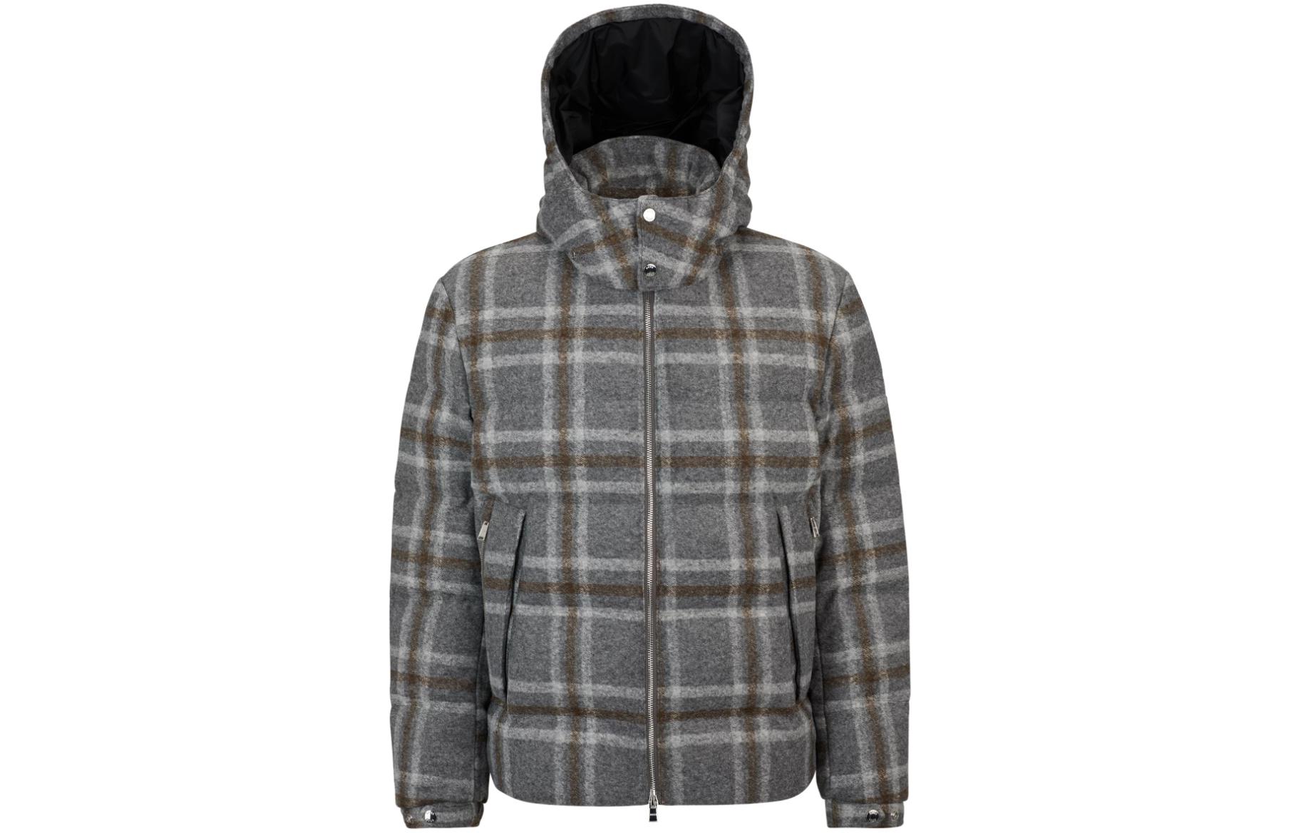 HUGO BOSS Grey Checked Hooded Down Jacket with Zipper Fit 50510377-030