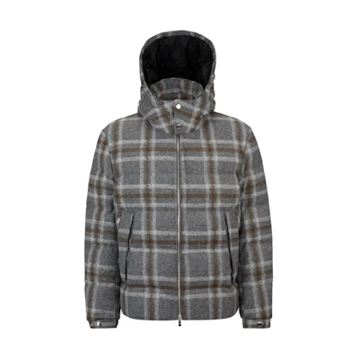 HUGO BOSS Grey Checked Hooded Down Jacket with Zipper Fit 50510377-030