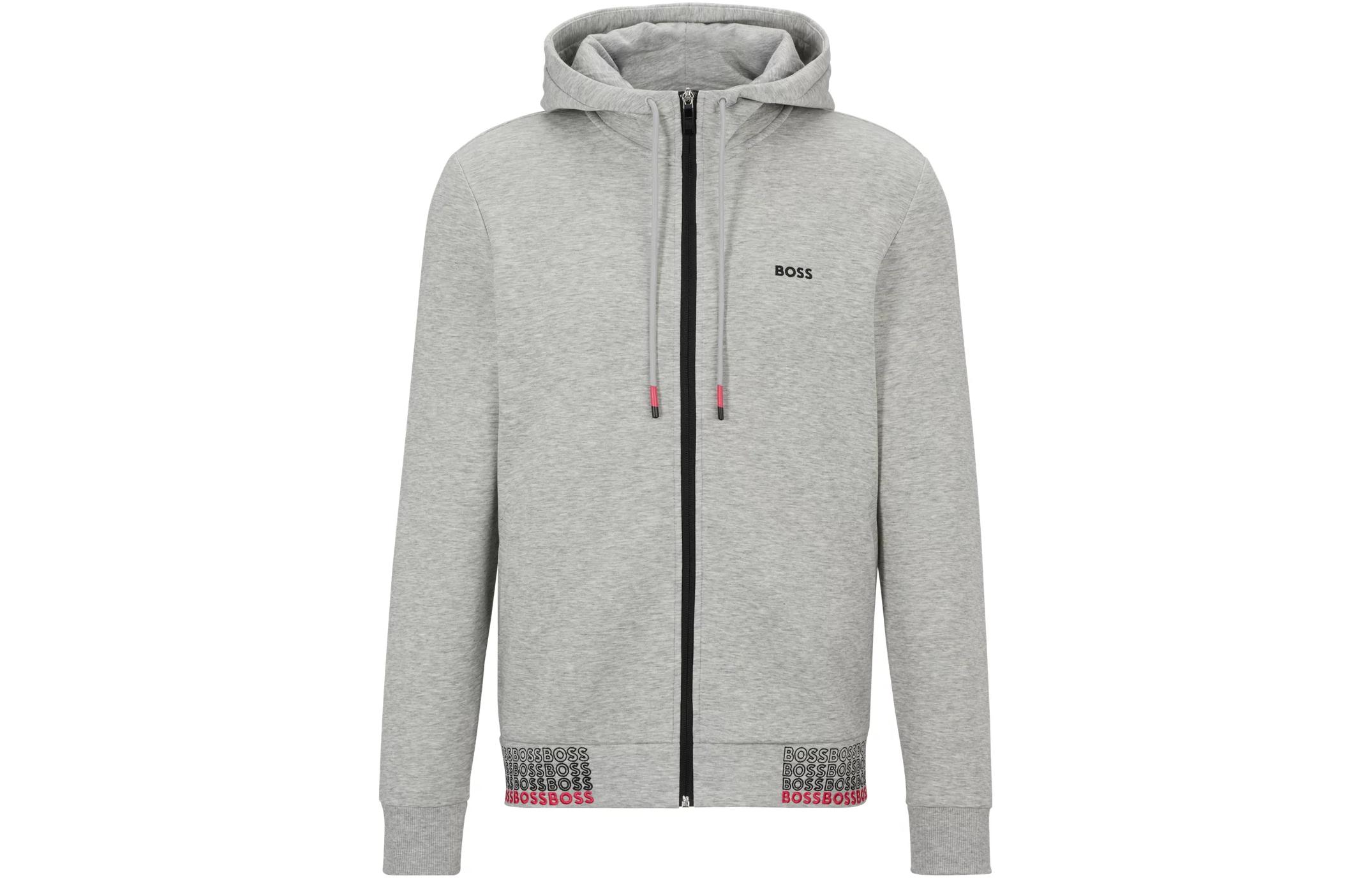 HUGO BOSS Grey Solid Letter Print Zip-Up Hoodie Jacket 50486691-059