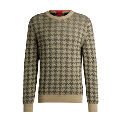 HUGO BOSS Houndstooth Crewneck Loose Knit Sweater Beige 50516620-281