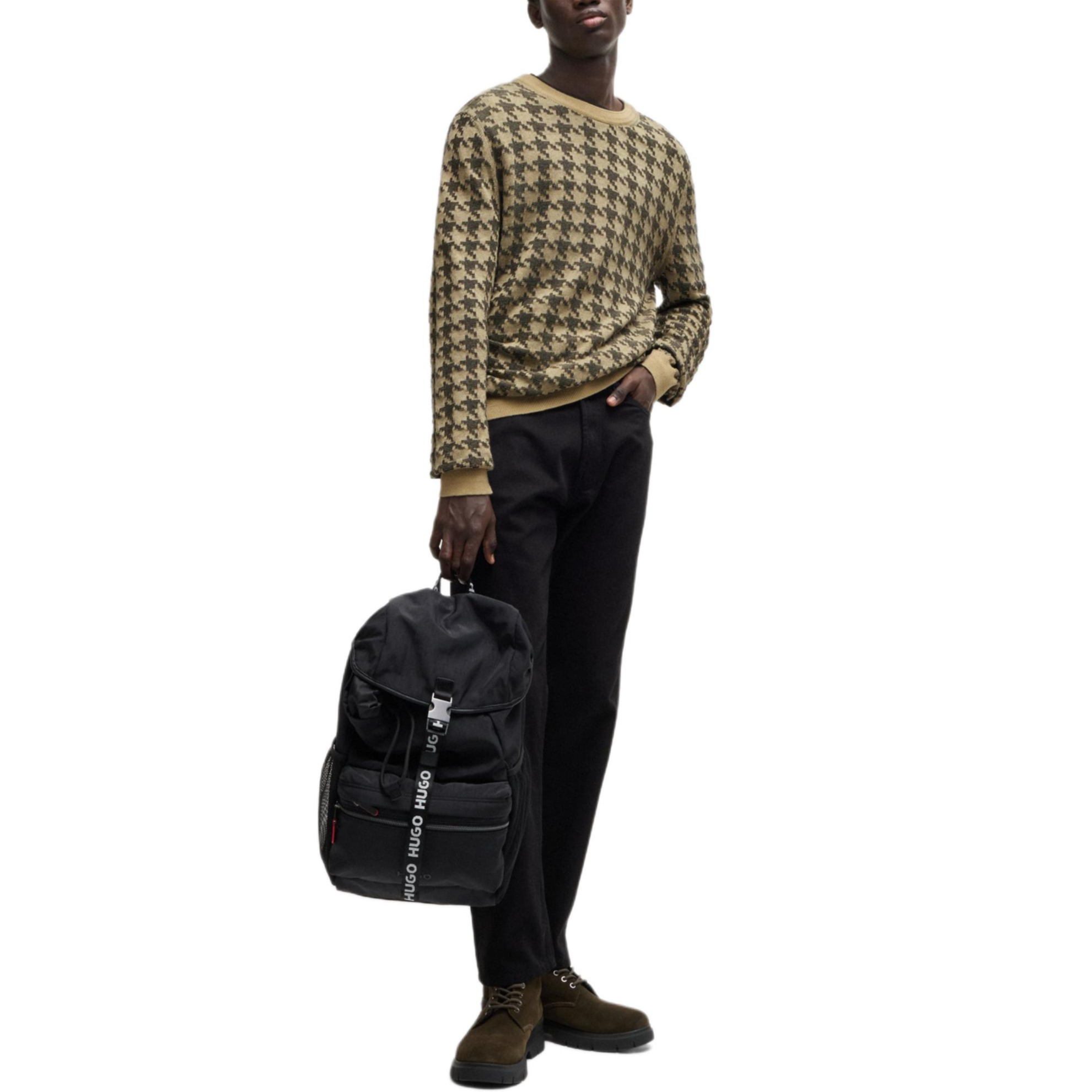 Lookbook HUGO BOSS 千鳥格紋圓領寬鬆針織毛衣 米色 50516620-281