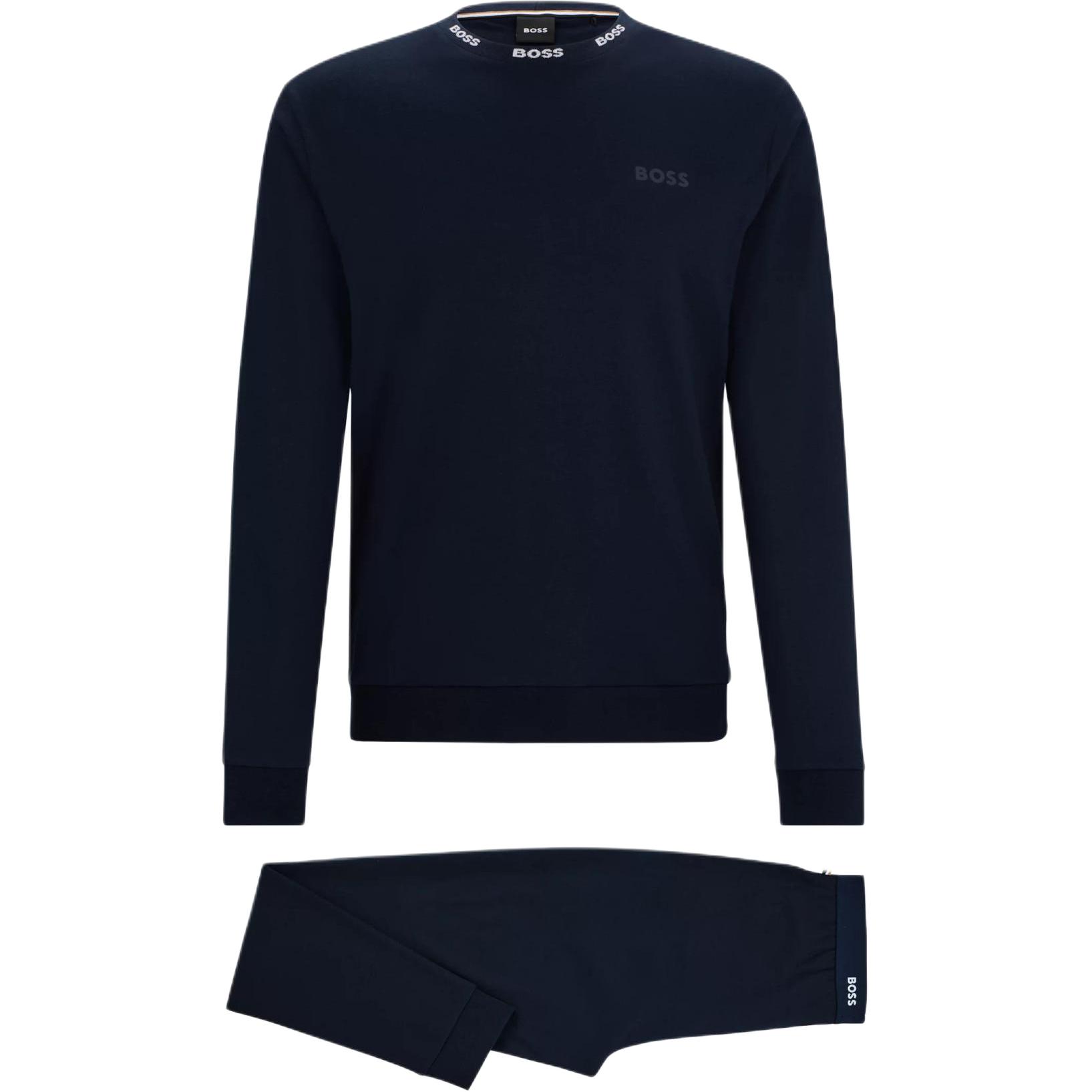 HUGO BOSS Interlock Cotton Pajamas Navy Blue Logo Waistband Set 50509411-402