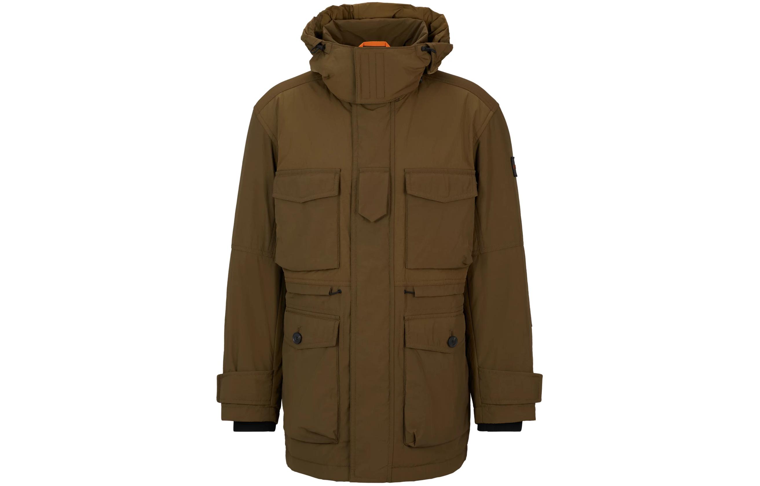 HUGO BOSS Khaki Mixed-Material Hooded Jacket with Water-Repellent Finish 50504102-368