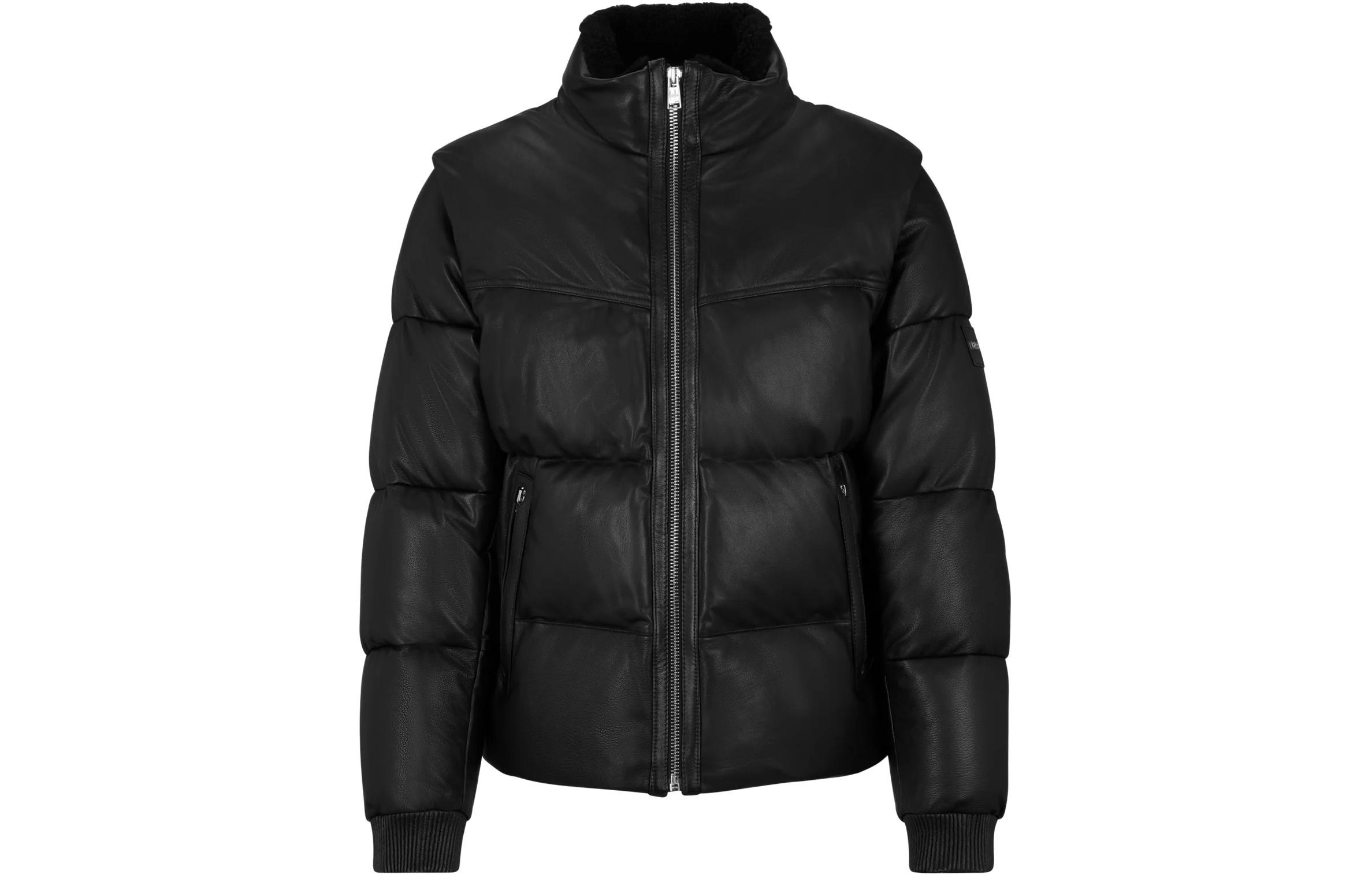 HUGO BOSS Leather Down Jacket with Detachable Sleeves Black Outerwear 50504925-001