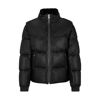 HUGO BOSS Leather Down Jacket with Detachable Sleeves Black Outerwear 50504925-001