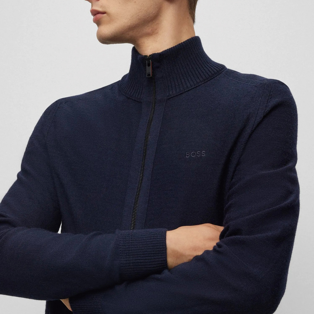 HUGO BOSS Logo Embroidered Stand Collar Zip Jacket in Navy Blue 50501750-404 圖 6