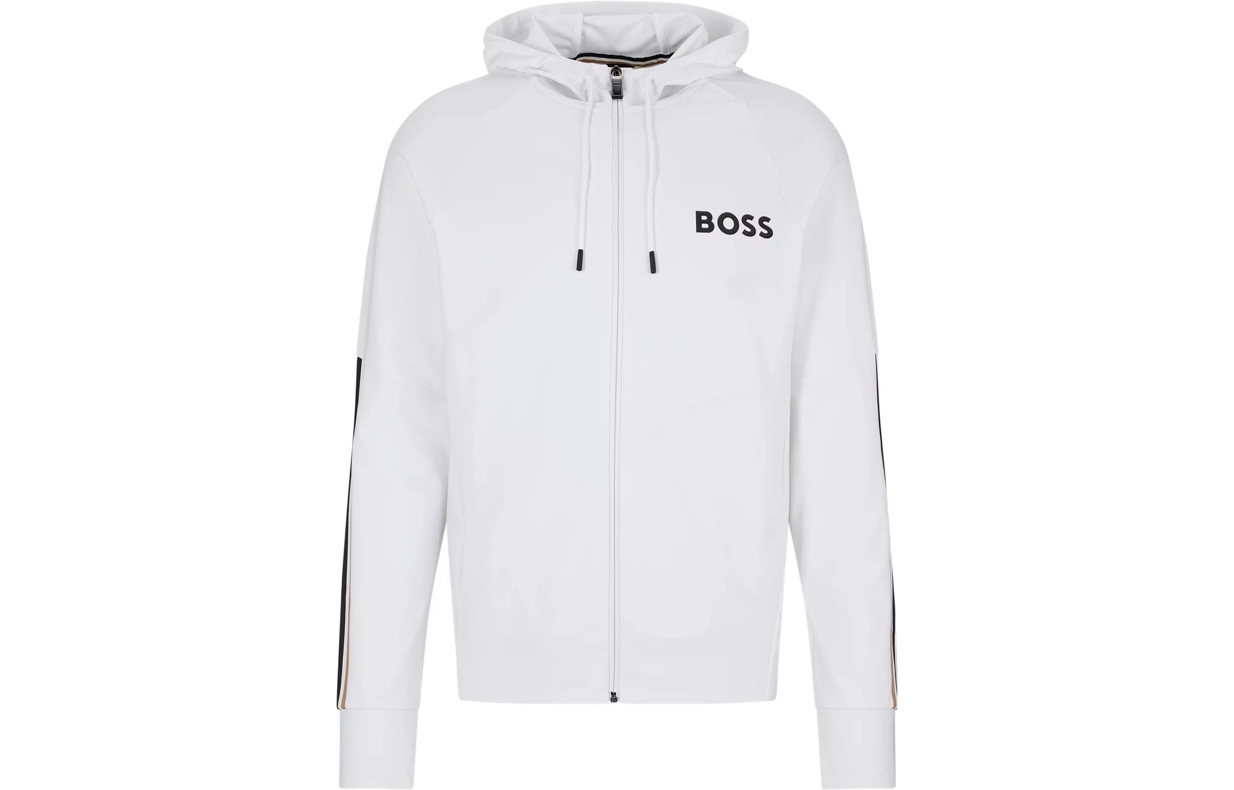 HUGO BOSS Logo Hooded Sweatshirt White Stretch Material Jacket 50482369-100