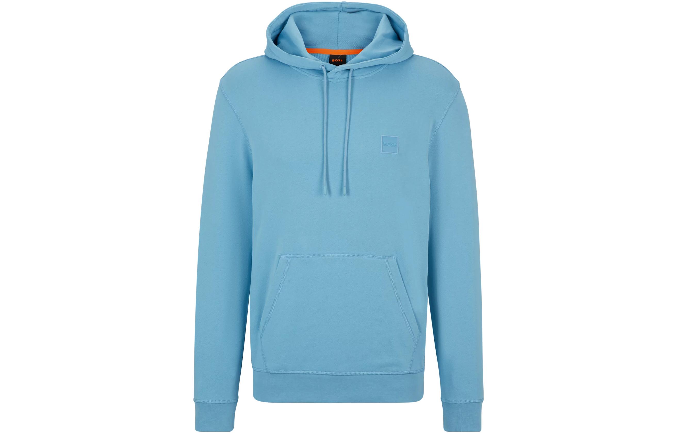 HUGO BOSS Logo Patch Cotton-Terry Hoodie Blue Long-Sleeve Pullover 50468445-493