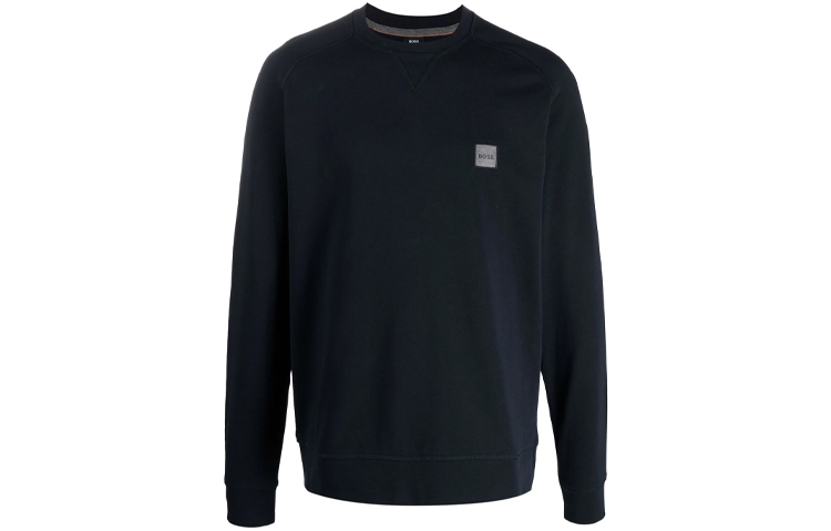 HUGO BOSS Logo Patch Cotton Crewneck Sweatshirt Men’s Navy Blue 50462769-404