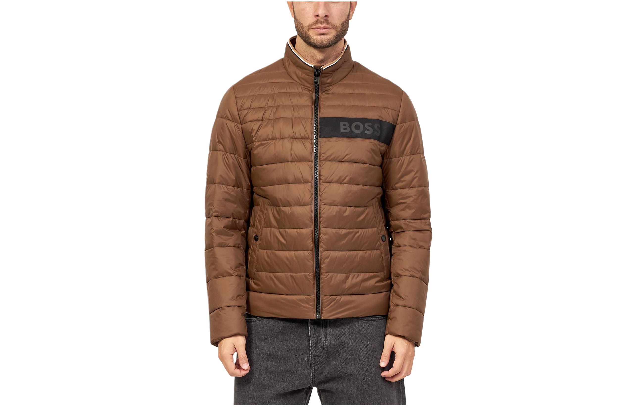 HUGO BOSS Logo Print Brown Zip-Up Cotton Jacket for Men 50464308-361