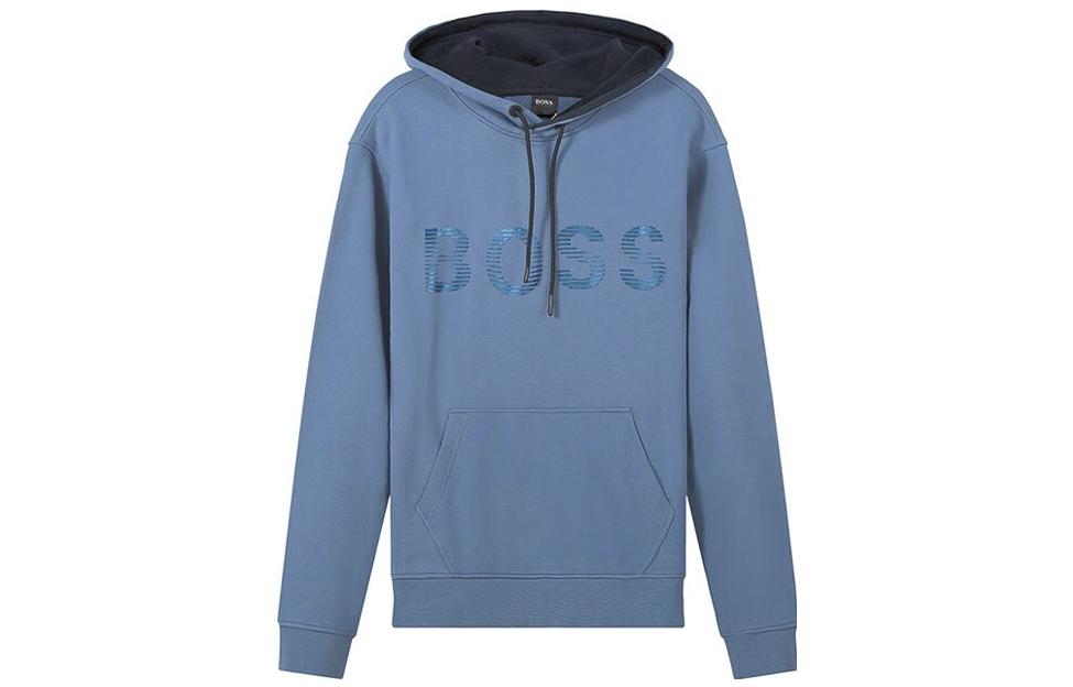 HUGO BOSS Logo Print Drawstring Hoodie Grey Blue Pullover 50472236-438