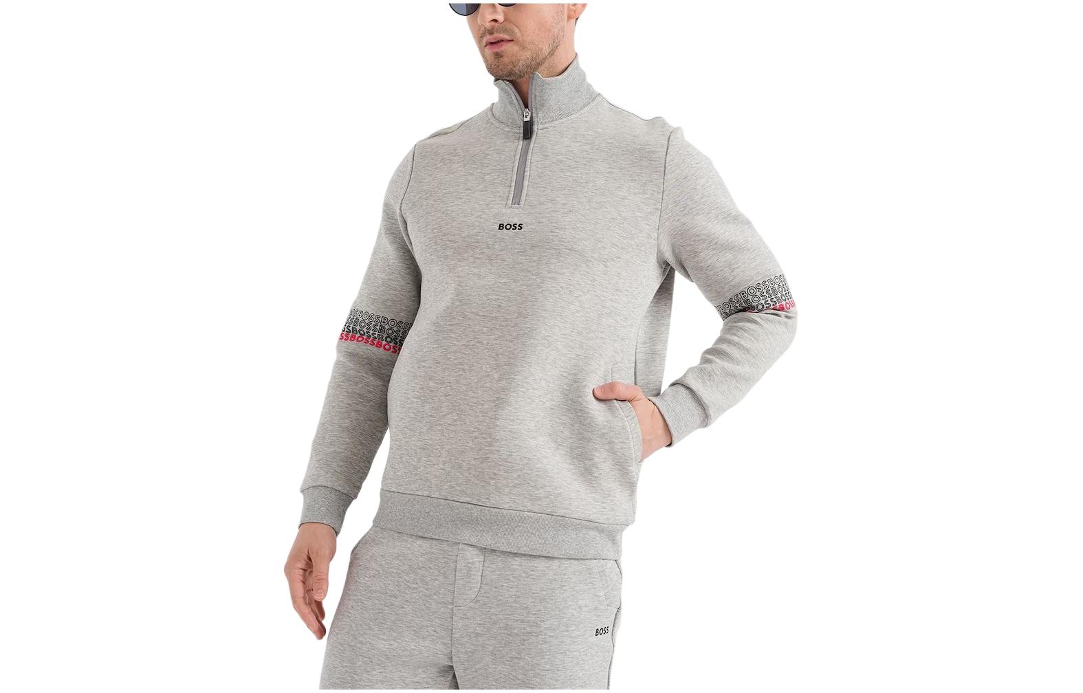 HUGO BOSS Logo Print Stand Collar Half-Zip Sweatshirt Grey 50497171-059