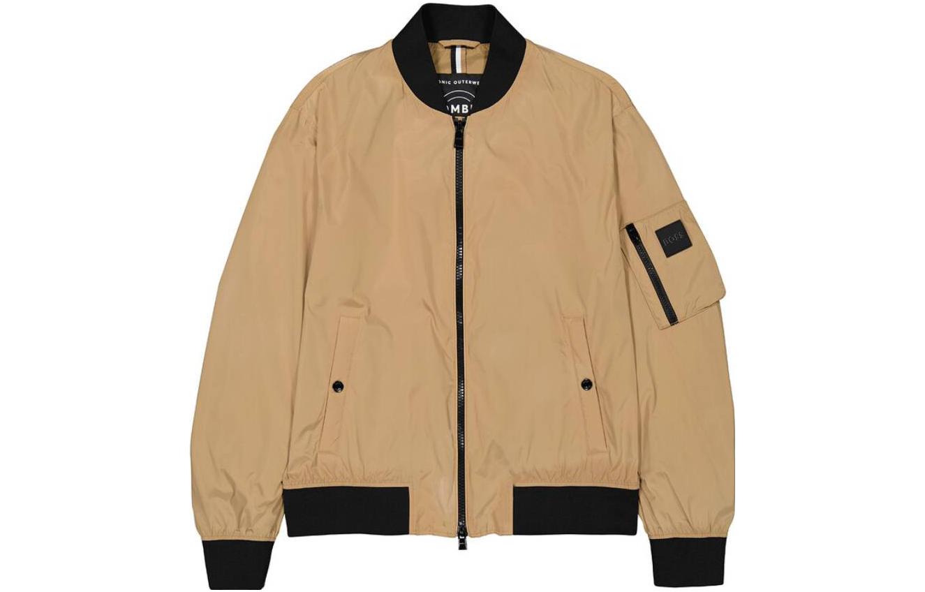 HUGO BOSS Logo Zip-Up Bomber Jacket Beige Long Sleeve Outerwear 50479241-260