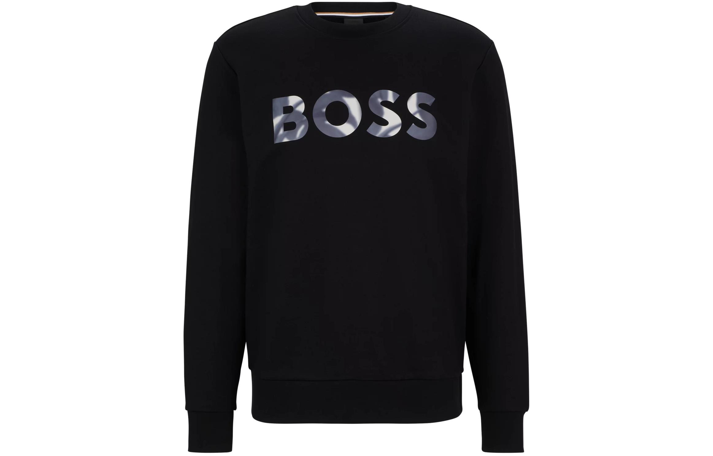 HUGO BOSS Mercerized Cotton Sweatshirt Black Loose Fit Logo Print Crewneck 50513373-001