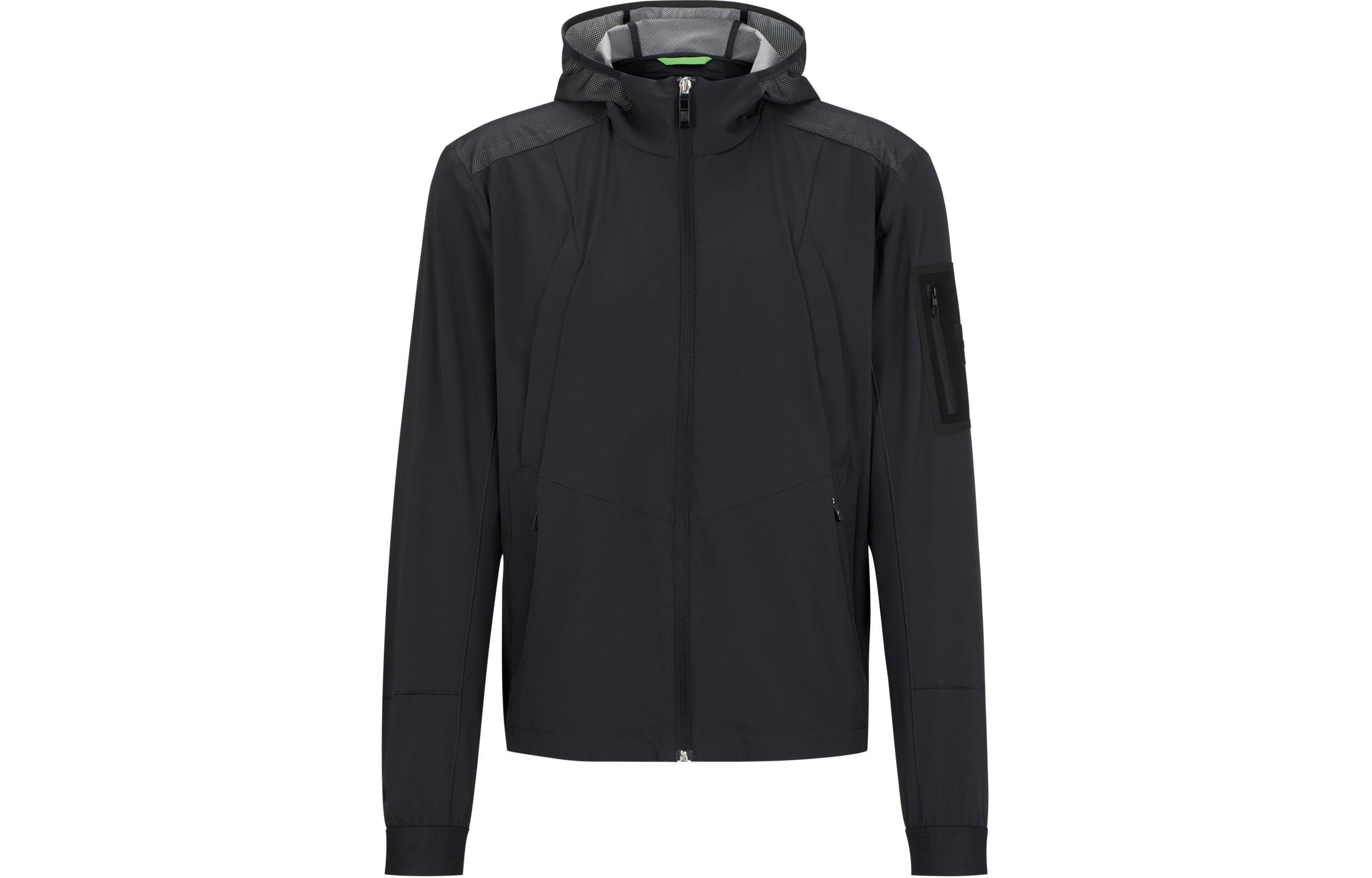 HUGO BOSS Mixed-Material Hooded Jacket with Patterned Trim Black Jacket 50508592-016