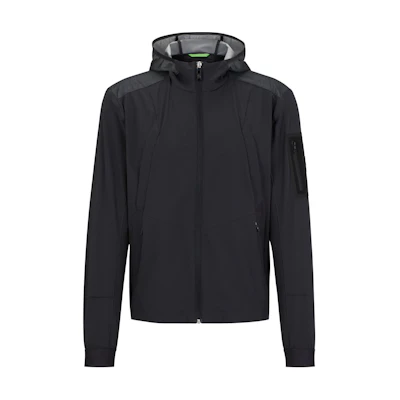 HUGO BOSS Mixed-Material Hooded Jacket with Patterned Trim Black Jacket 50508592-016