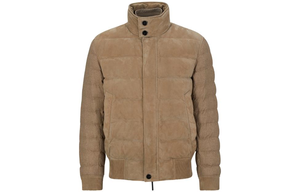 HUGO BOSS Mixed-Material Nubuck Leather Jacket Men’s Light Brown Full-Zip 50498202-240