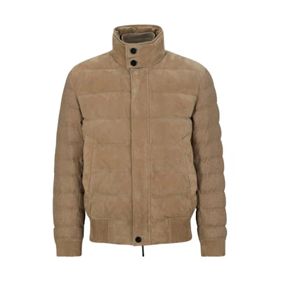 HUGO BOSS Mixed-Material Nubuck Leather Jacket Men’s Light Brown Full-Zip 50498202-240