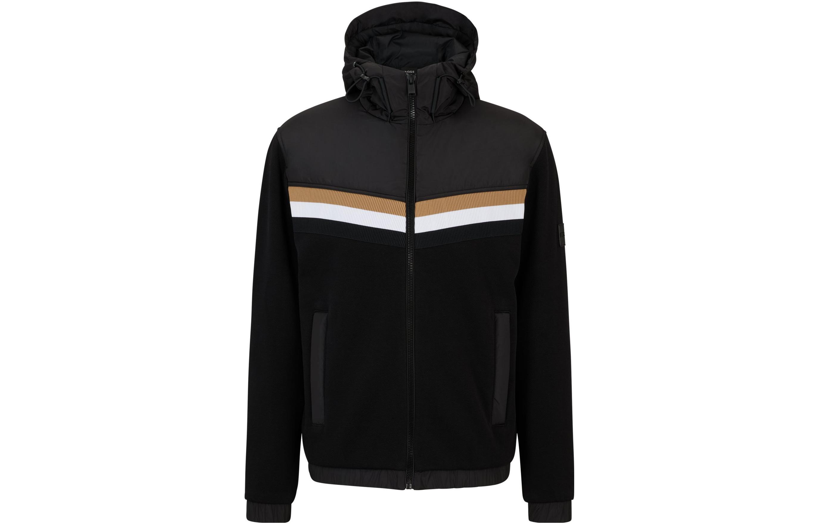 HUGO BOSS Mixed-Material Zip-Up Hoodie with Signature Stripe Detail - Black 50509136-001