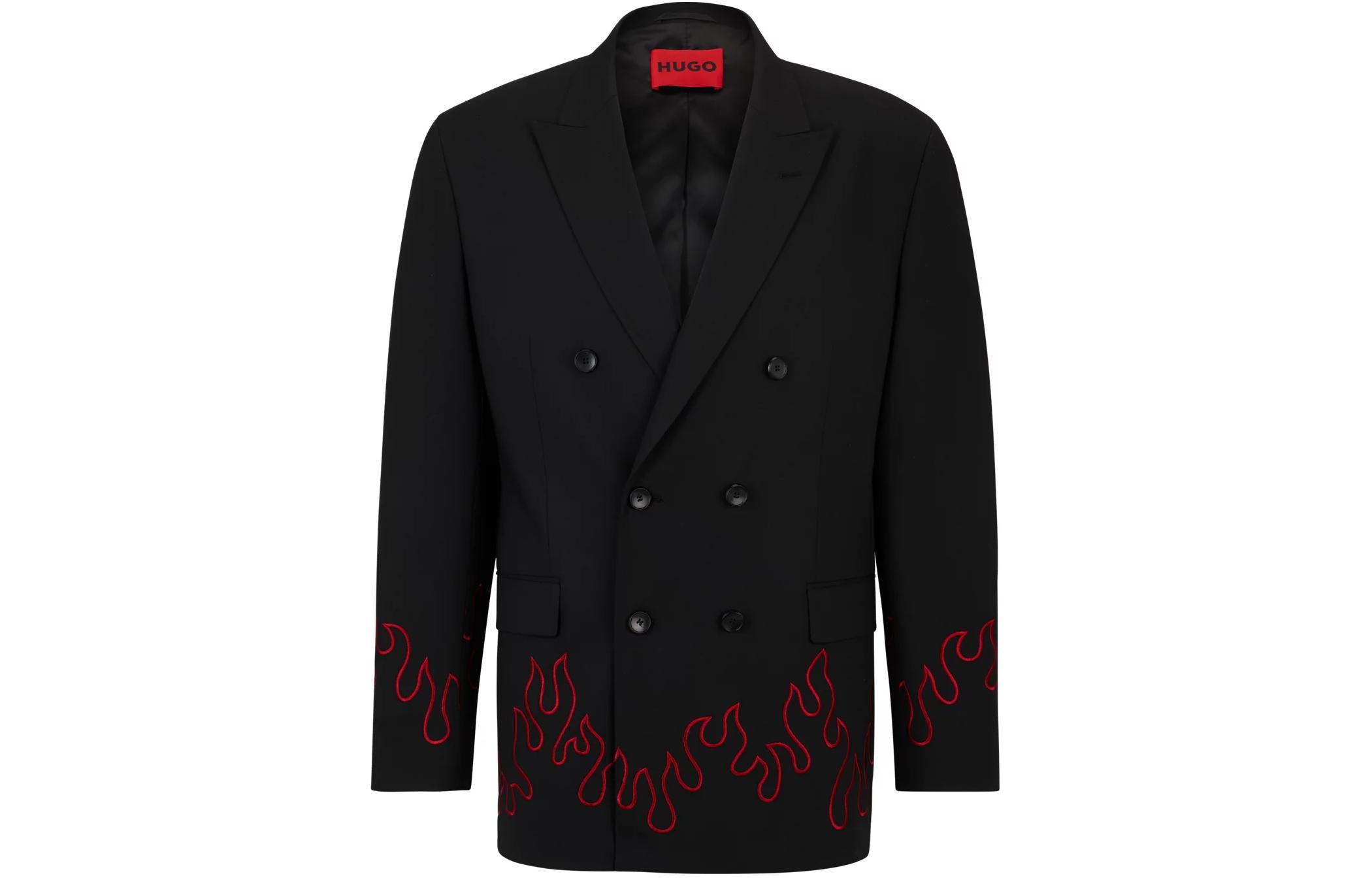 HUGO BOSS Modern-Fit Double-Breasted Blazer with Flame Embroidery Black Menswear 50509758-001