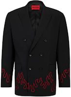 HUGO BOSS Modern-Fit Double-Breasted Blazer with Flame Embroidery Black Menswear 50509758-001 HUGO BOSS Modern-Fit Double-Breasted Blazer with Flame Embroidery Black Menswear 50509758-001