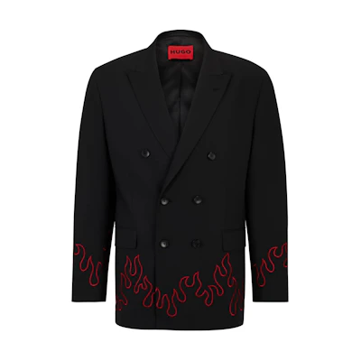 HUGO BOSS Modern-Fit Double-Breasted Blazer with Flame Embroidery Black Menswear 50509758-001