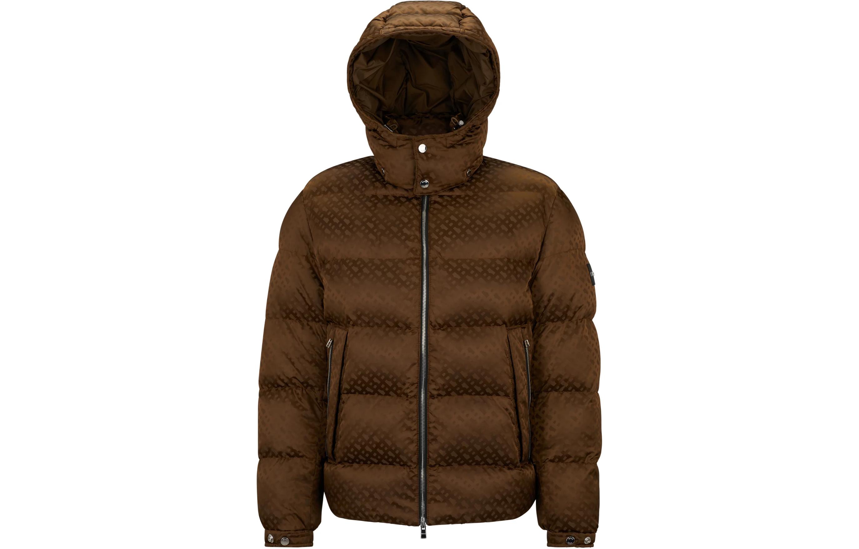 HUGO BOSS Monogram-Jacquard Water-Repellent Hooded Padded Jacket Brown Mens 50499813-361