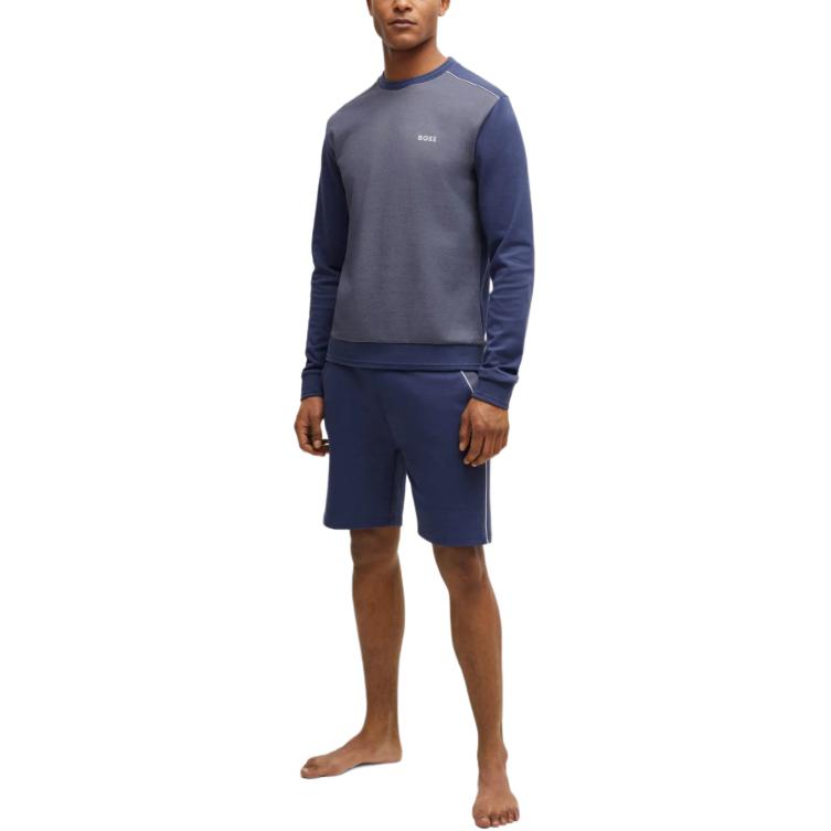 Lookbook HUGO BOSS 海軍藍配色拼接Logo印花圓領長袖男士運動衫 50521808-412