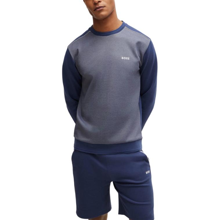 Shop HUGO BOSS 海軍藍配色拼接Logo印花圓領長袖男士運動衫 50521808-412