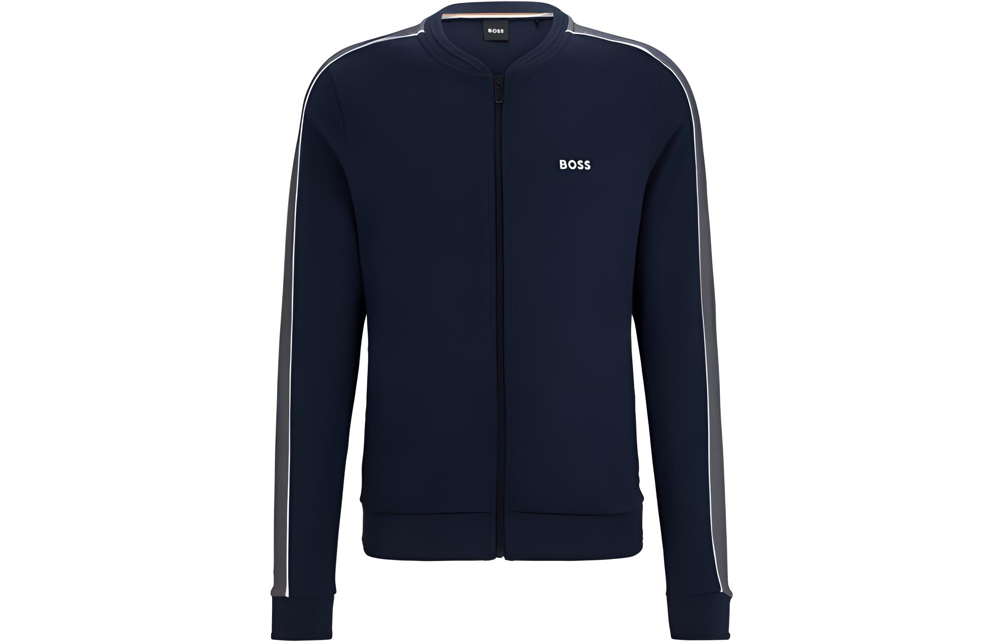 HUGO BOSS Navy Cotton-Blend Zip-Up Jacket with Striped Embroidered Logo Mens 50511037-403