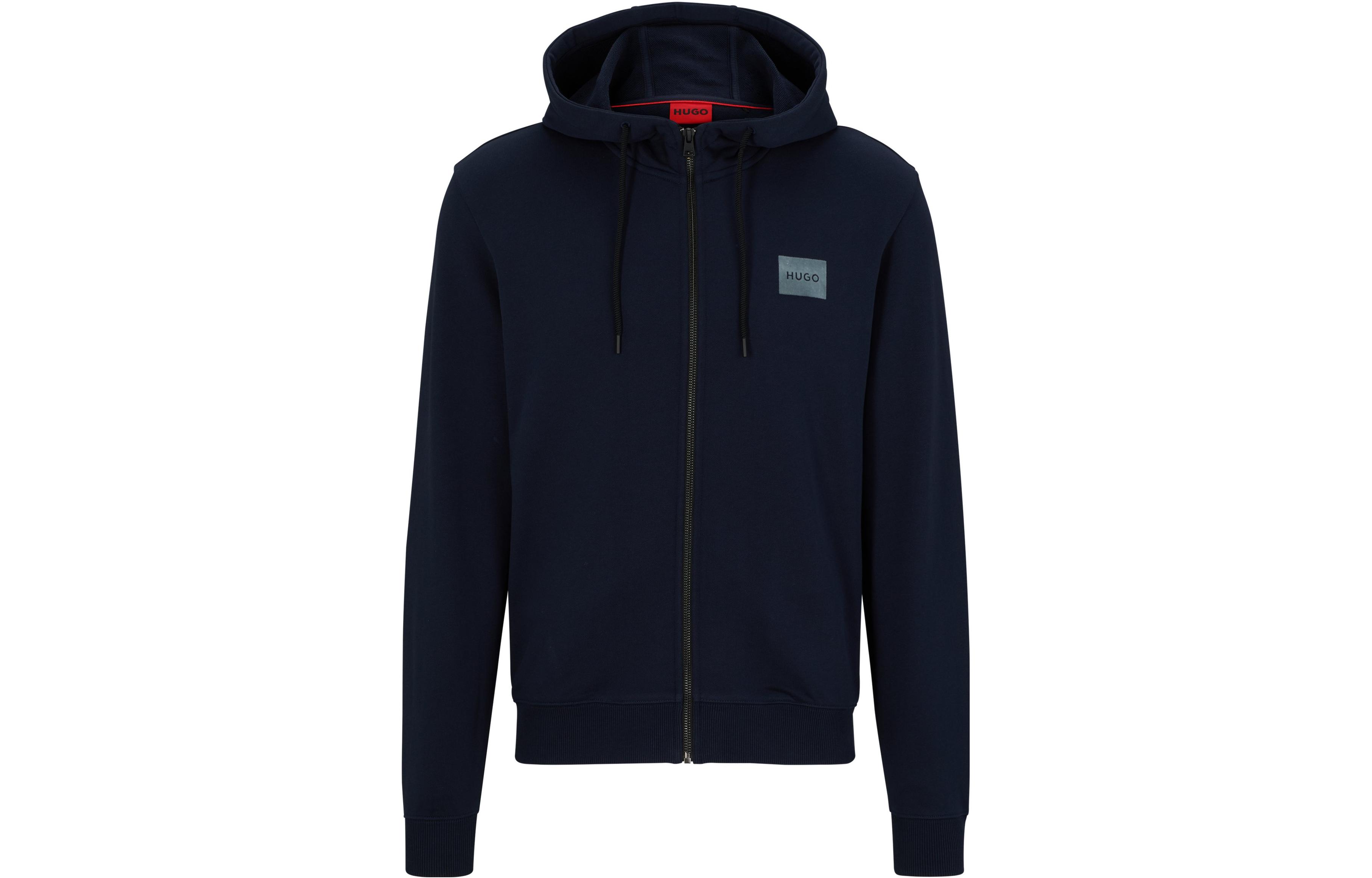 HUGO BOSS Navy Cotton-Terry Zip-Up Hoodie with Flock-Print Logo 50501016-405