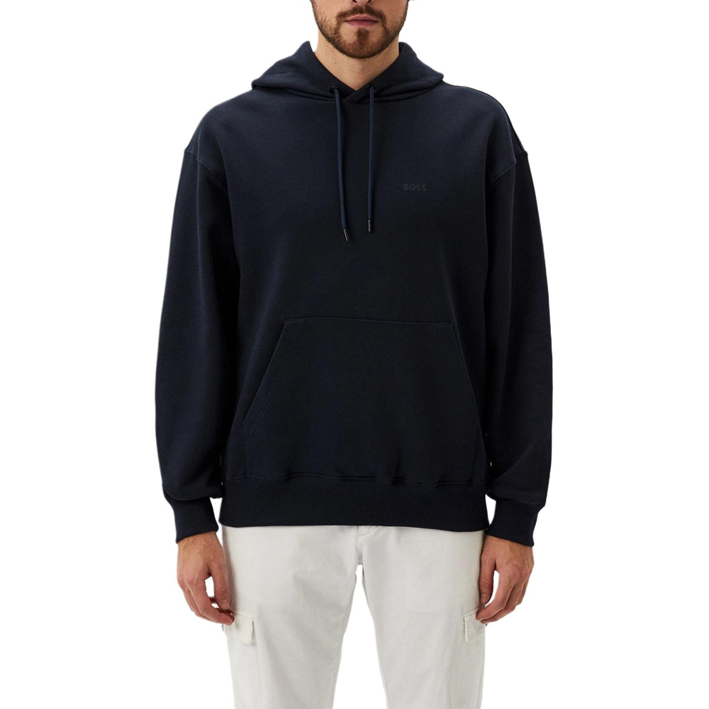 HUGO BOSS Navy Hoodie with Solid Logo Print and Drawstring Design 50505775-404