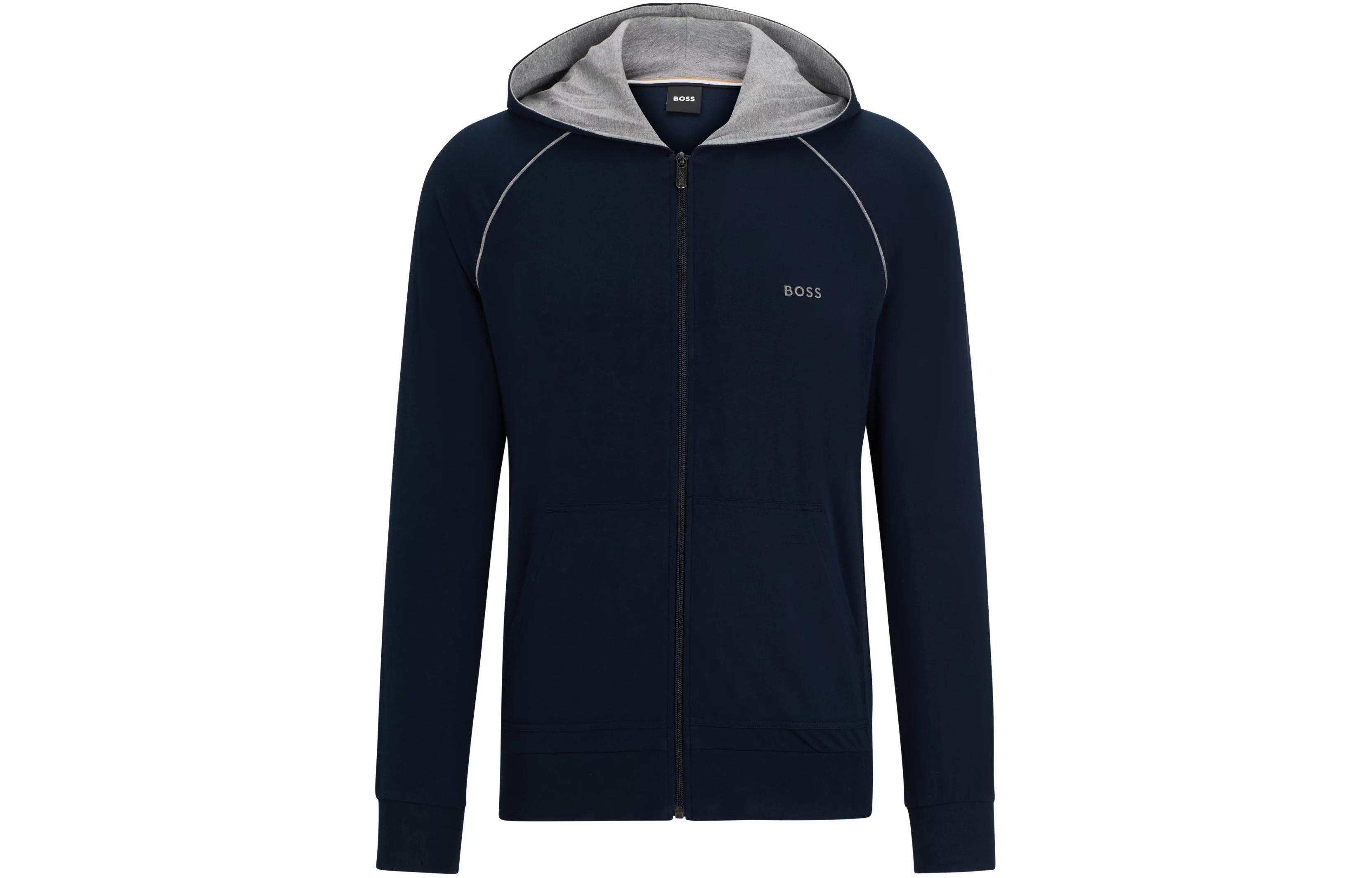 HUGO BOSS Navy Stretch-Cotton Zip-Up Hoodie with Logo Detail 50515392-403