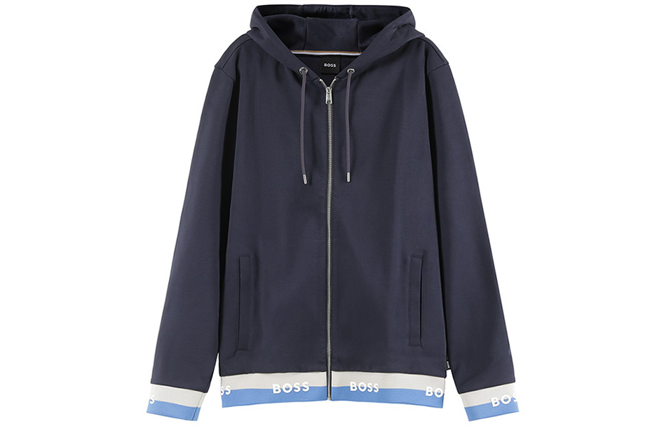 HUGO BOSS Navy Zip-Up Hoodie Jacket with Letter Print 50481761-404