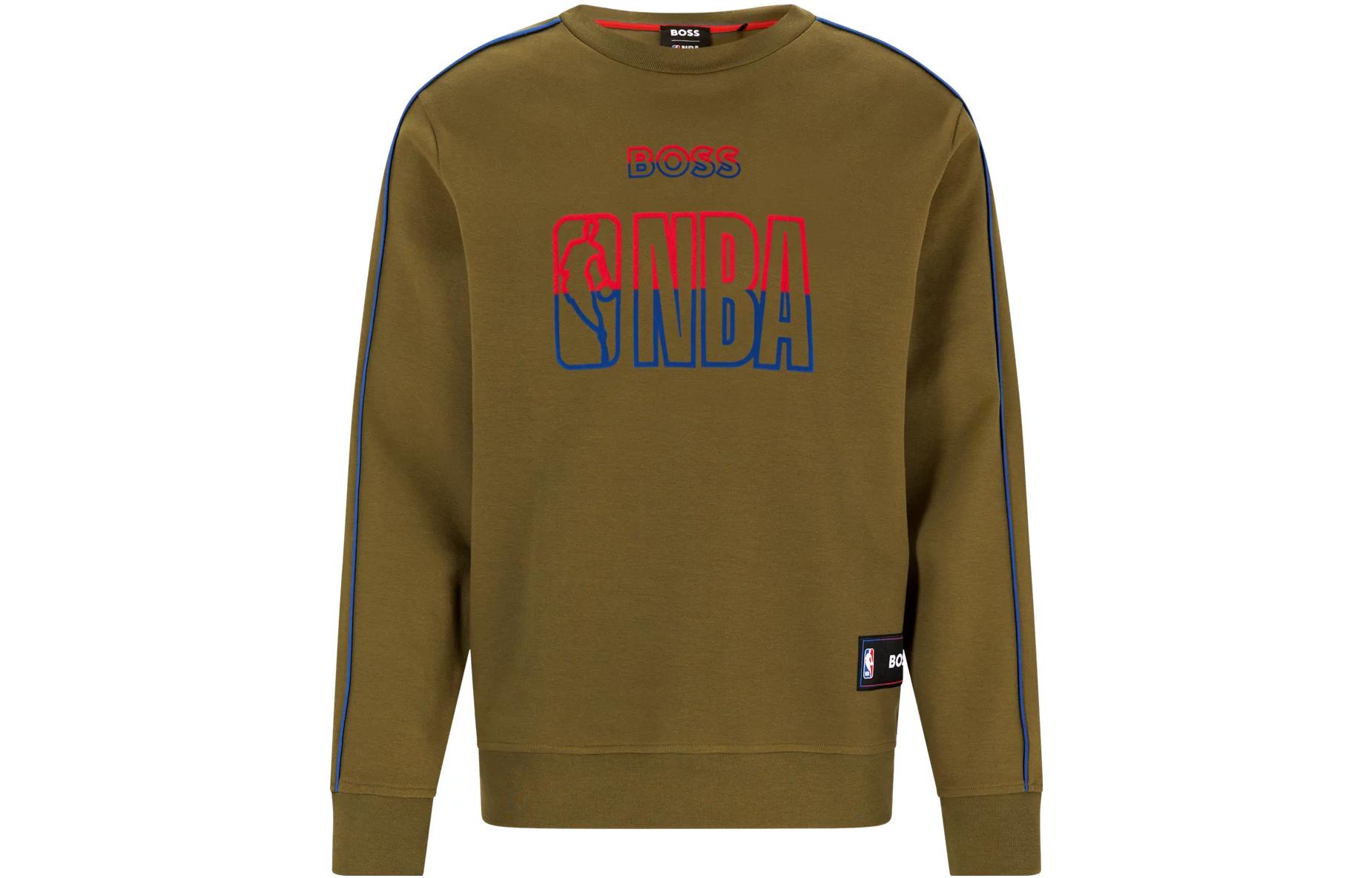 HUGO BOSS Olive Green Crewneck Pullover Letter Print Sweatshirt 50477351-344