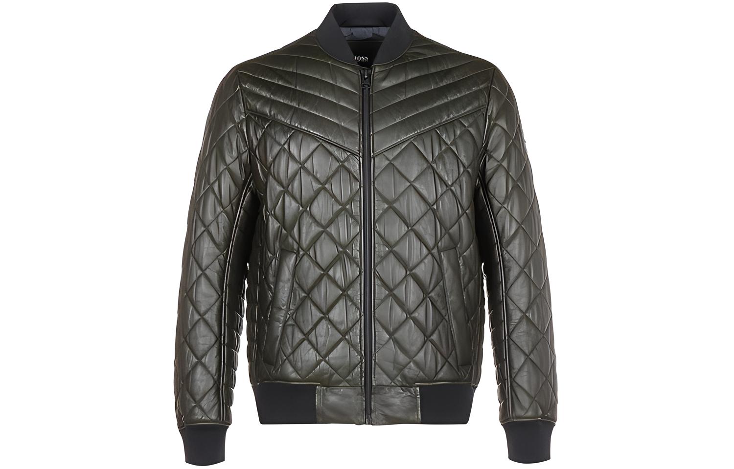 HUGO BOSS Olive Green Slim Fit Leather-Zip Cotton Jacket 50442065-346