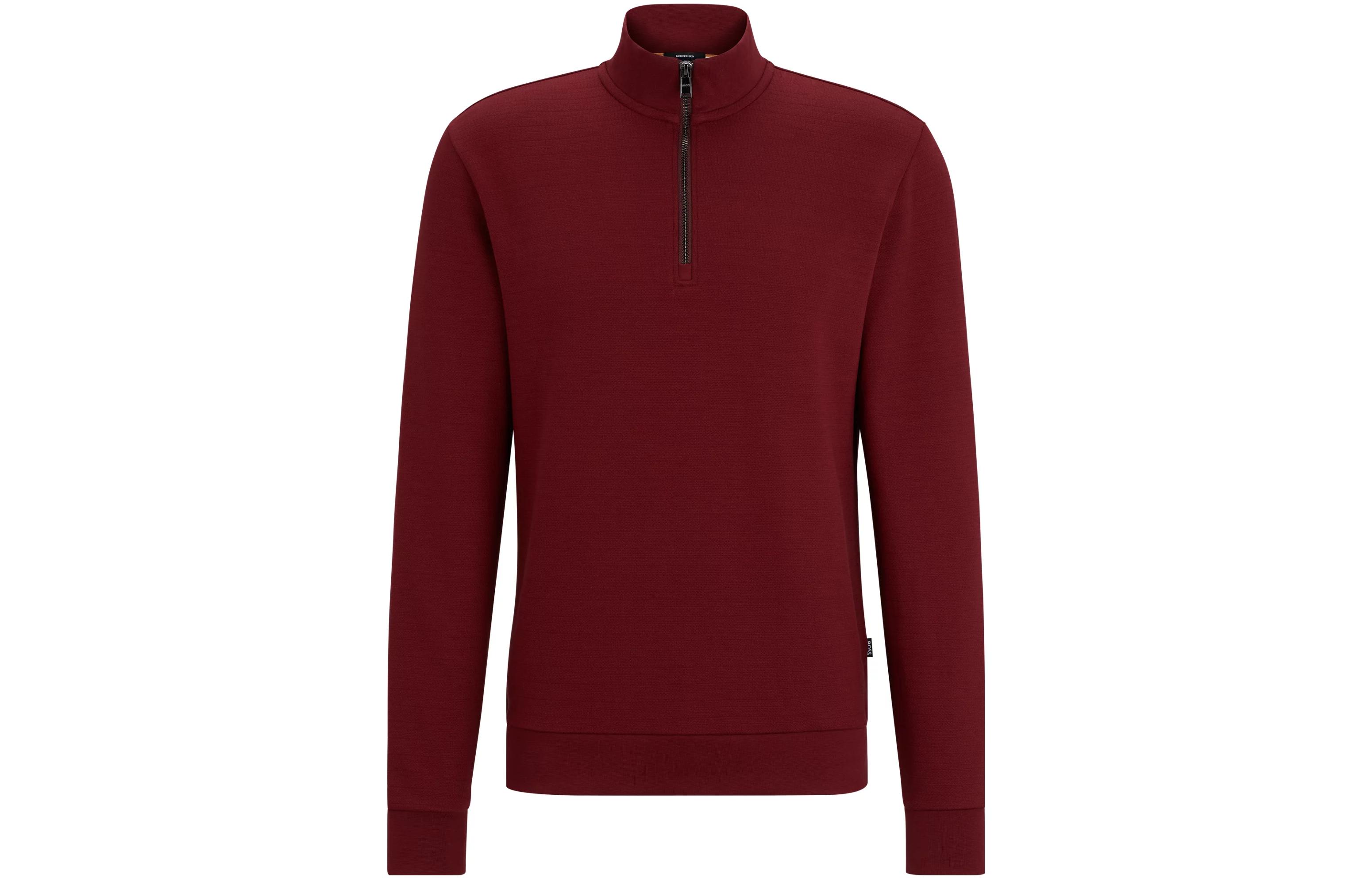 HUGO BOSS Red Zip-Neck Sweatshirt in Mercerized Cotton Jacquard 50500328-602