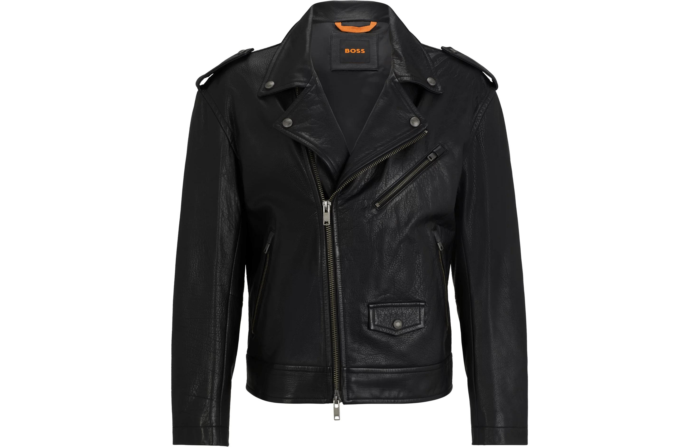 HUGO BOSS Regular-Fit Buffalo Leather Jacket with Branded Snaps - Black 50504103-001