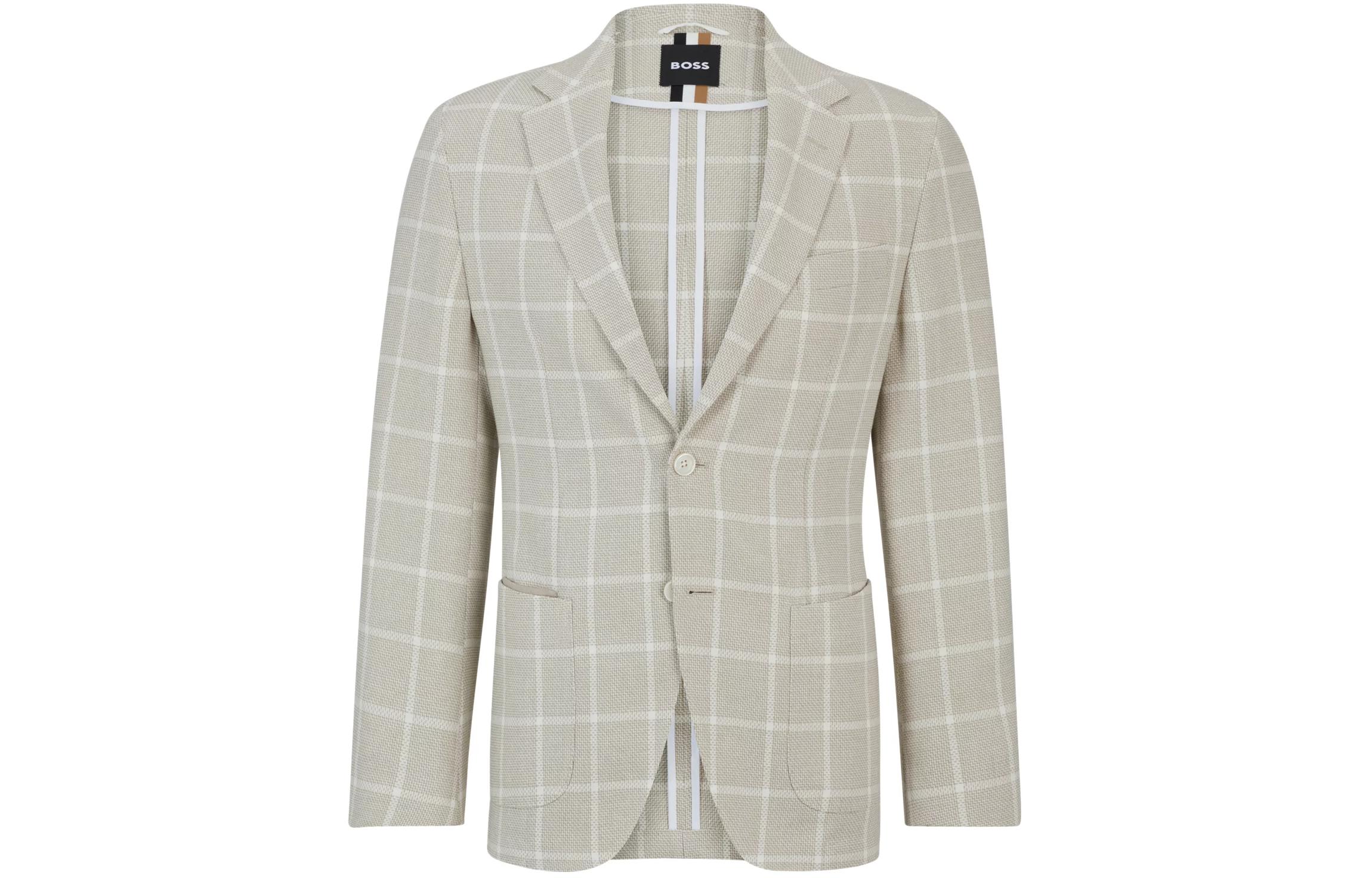 HUGO BOSS Regular-Fit Checked Cotton Blend Jacket White - Long-Sleeve Blazer 50514623-131
