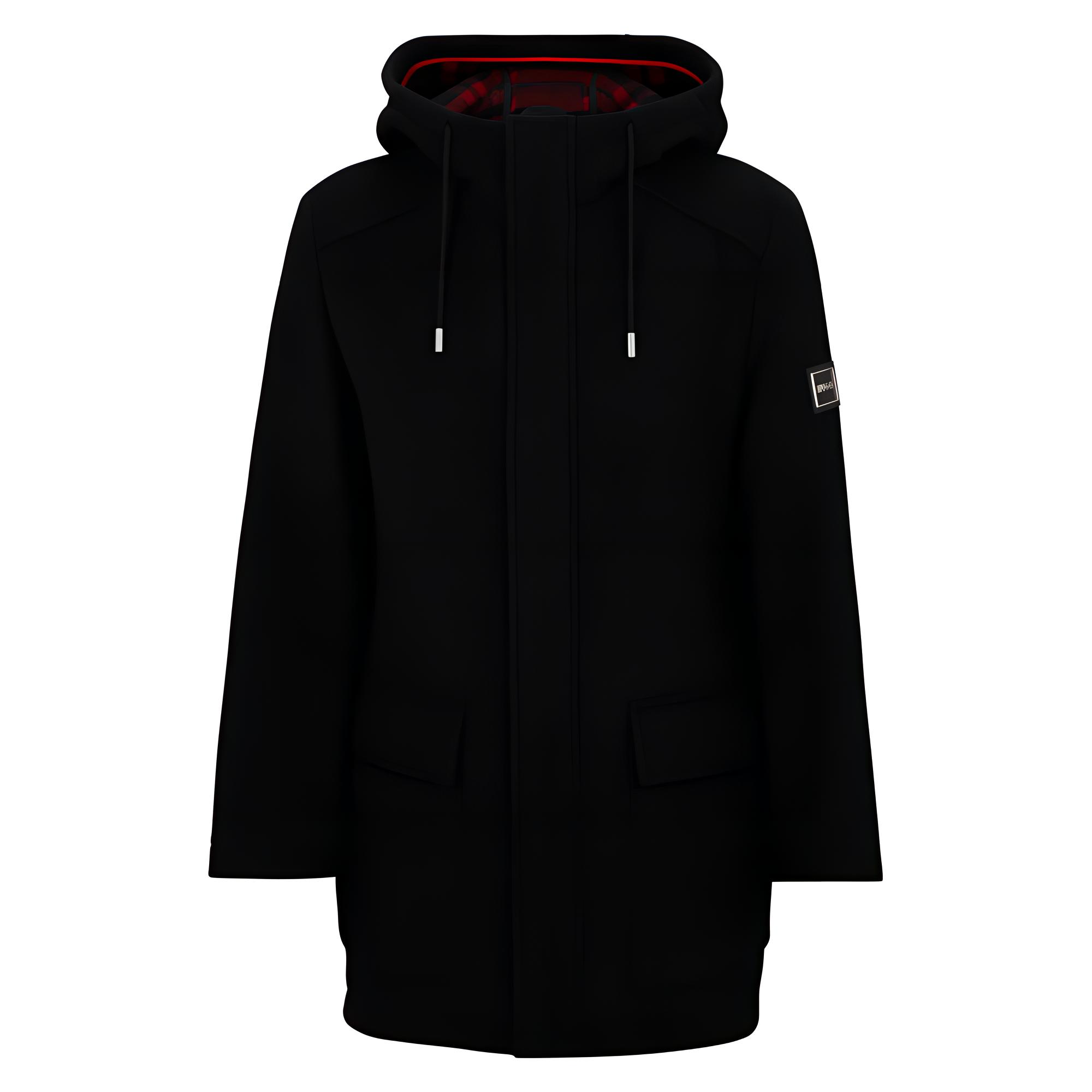 HUGO BOSS Regular-Fit Coat with Drawstring Hood Black Long Jacket 50476668-001