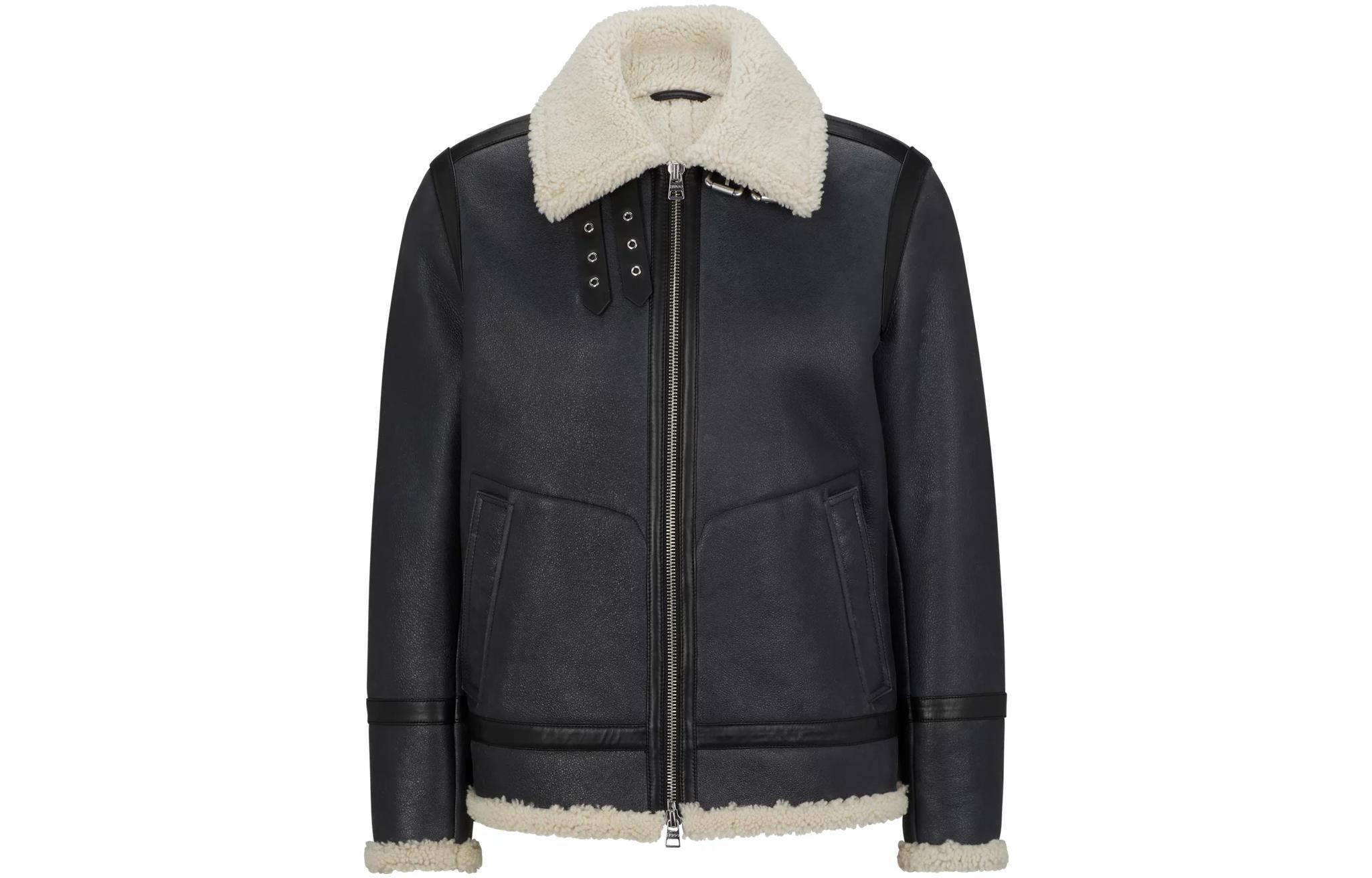 HUGO BOSS Regular-Fit Lamb Shearling Flight Jacket Black Zip-Up Coat 50496630-023