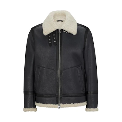 HUGO BOSS Regular-Fit Lamb Shearling Flight Jacket Black Zip-Up Coat 50496630-023