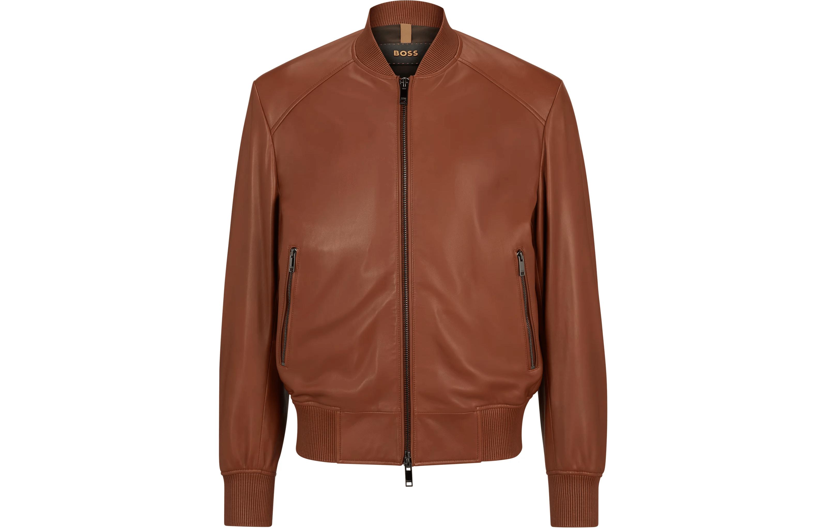 HUGO BOSS Regular-Fit Sheepskin Leather Bomber Jacket Brown Zip Jacket 50504833-213