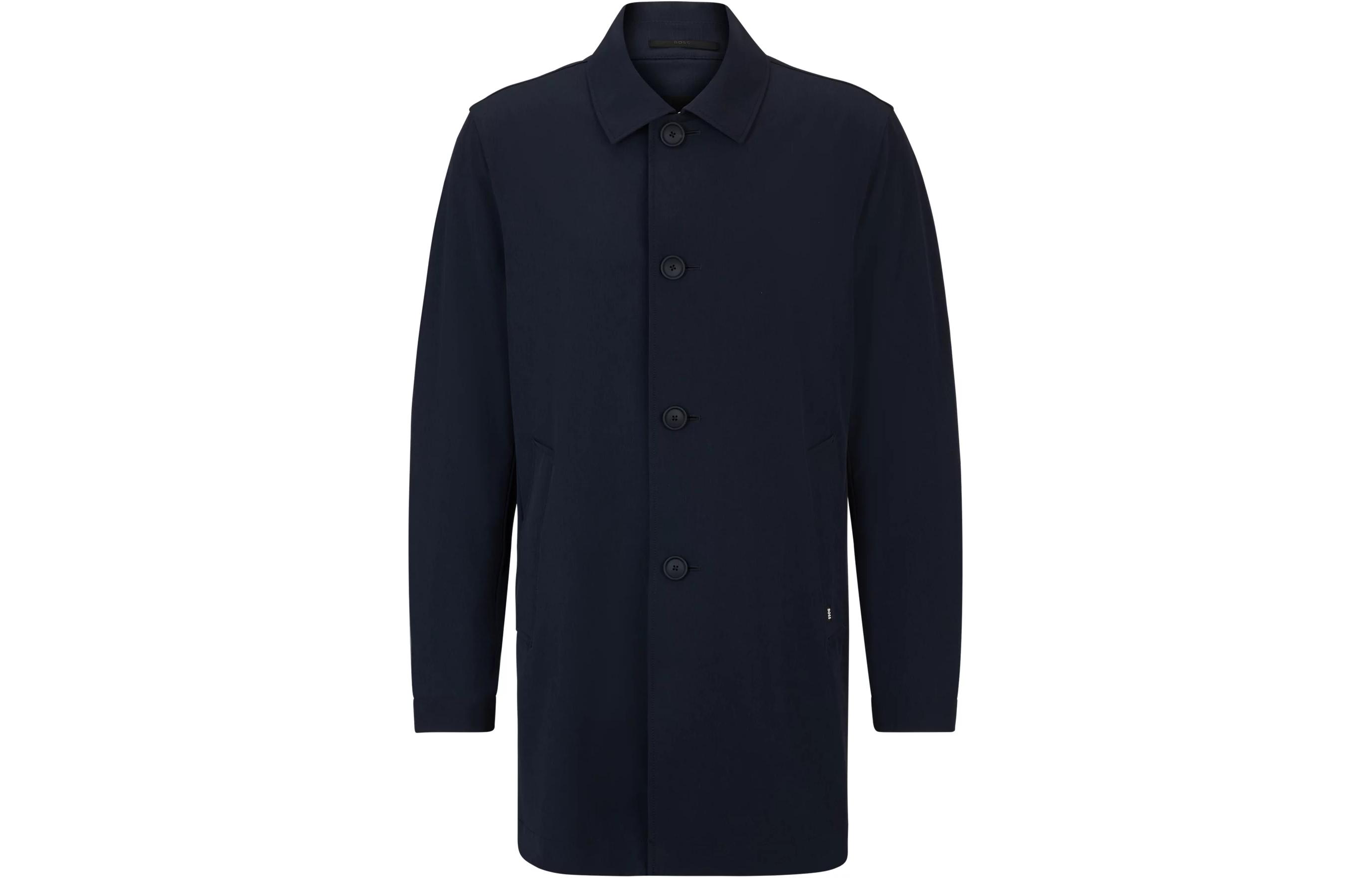 HUGO BOSS Regular-Fit Stretch Button-Up Coat Navy Long-Sleeve Jacket 50508350-404